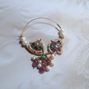 92.5 silver Nath with diamond polkies, rubies, emeralds, and freshwater pearls – handcrafted Indian bridal nose ring