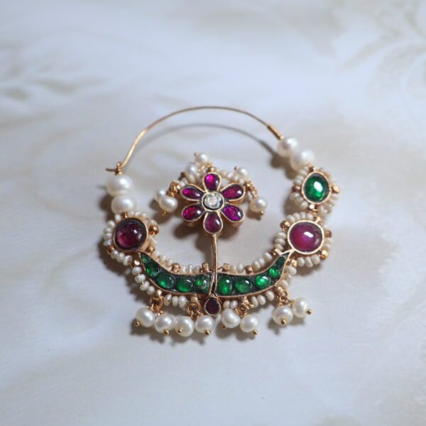 92.5 silver Nath with diamond polkies, rubies, emeralds, and freshwater pearls – handcrafted Indian bridal nose ring