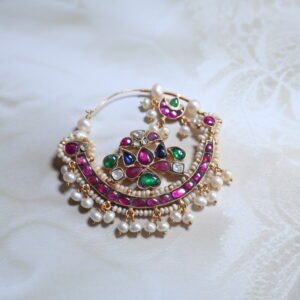 92.5 silver Nath designed with diamond polkies, rubies, emeralds, and freshwater pearls — a perfect blend of tradition and elegance.