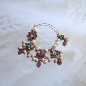 92.5 silver Nath with diamond polkies, rubies, emeralds, and freshwater pearls – handcrafted Indian bridal nose ring