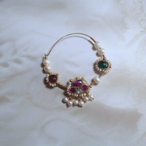 92.5 silver Nath designed with diamond polkies, rubies, emeralds, and freshwater pearls — a perfect blend of tradition and elegance.