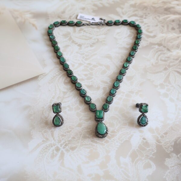 92.5 sterling silver jewellery set with natural diamonds and emeralds – luxury handcrafted necklace and earrings