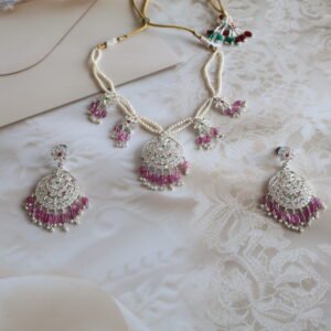 92.5 silver jewellery set with rubies, American diamonds, and freshwater pearls – handcrafted traditional necklace and earrings