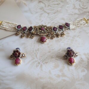 92.5 silver jewellery set with rubies, diamond polkies, and freshwater pearls – traditional handcrafted necklace and earrings