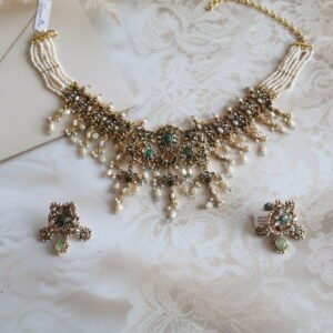 92.5 silver jewellery set with diamond polkies, rubies, emeralds, and freshwater pearls – handcrafted traditional necklace and earrings