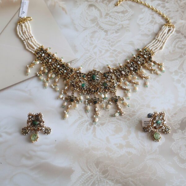 92.5 silver jewellery set with diamond polkies, rubies, emeralds, and freshwater pearls – handcrafted traditional necklace and earrings