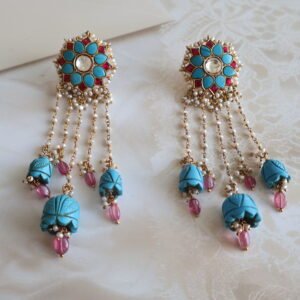 92.5 silver earrings with Firoza stones, rubies, and freshwater pearls – handcrafted traditional Indian design