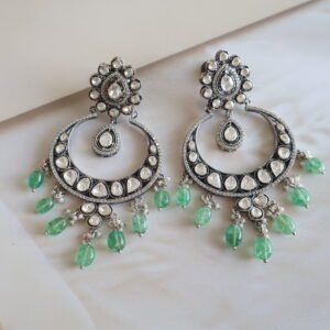 92.5 silver earrings with Moissanite polkies and natural green quartz – handcrafted silver jewellery for women