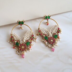 92.5 silver earrings with rubies, freshwater pearls, and Kundan stones – handcrafted Indian traditional jewellery