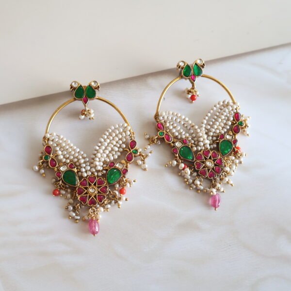92.5 silver earrings with rubies, freshwater pearls, and Kundan stones – handcrafted Indian traditional jewellery