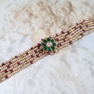 92.5 silver bracelet with spinel, kundan stones, and freshwater pearls – handcrafted traditional design.