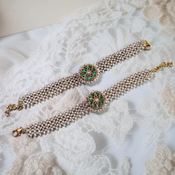 92.5 silver bracelet pair with kundan stones and freshwater pearls – handcrafted traditional jewellery.