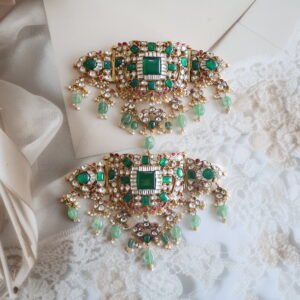 92.5 silver Bhujband with green quartz, kundan stones, and freshwater pearls – traditional Indian arm ornament