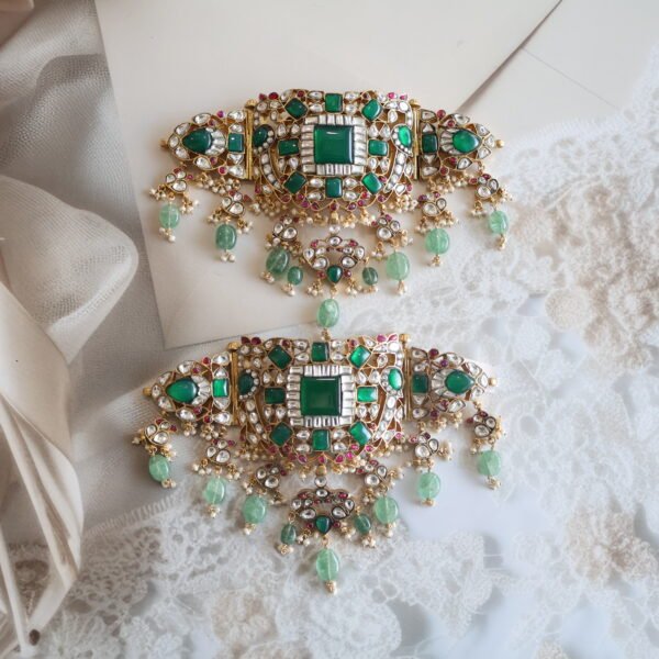 92.5 silver Bhujband with green quartz, kundan stones, and freshwater pearls – traditional Indian arm ornament
